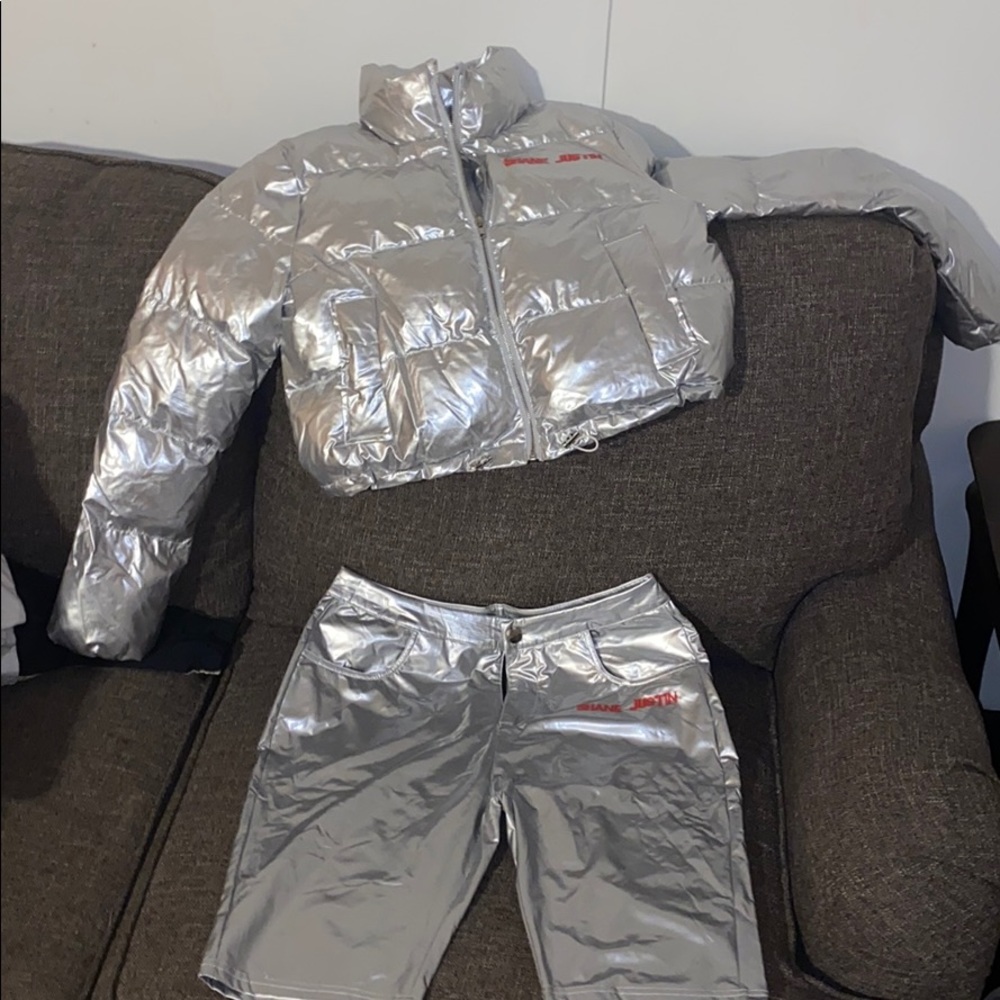 Shane Justin metallic silver puffer jacket  shorts